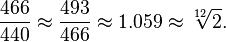 \frac{466}{440} \approx \frac{493}{466} \approx 1.059 \approx \sqrt[12]2.