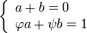 \left\{\begin{array}{l} a + b = 0\\ \varphi a + \psi b = 1\end{array}\right.