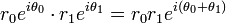 r_0 e^{i\theta_0} \cdot r_1 e^{i\theta_1}=r_0 r_1 e^{i(\theta_0 + \theta_1)} \,