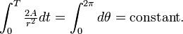 \ Int_ {0} ^ {T} \ tfrac {2A} {r ^ 2} dt = \ int_ {0} ^ {2 \ pi} d \ theta = \ mathrm {constante}.