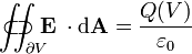 \ Iint _ {\ V parcial} \ \ \ \ \ \ \ \ \ \ \ \ \ \ \ \ \ \ \ \;!!!!!!!!!!!!!!!!!!! \; \ ; \ subset \ \ supset \ mathbf E \;! \ cdot \ mathrm {d} \ mathbf A = \ frac {Q (V)} {\ varepsilon_0}