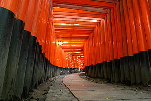 Uma série de torii no santuário de Fushimi Inari, Kyoto, Japão