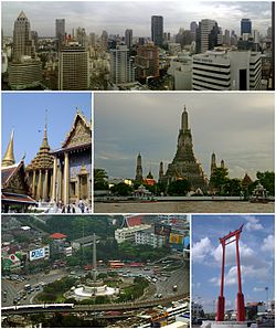 Uma imagem composta, a linha superior mostra uma skyline com vários arranha-céus; o segundo mostra de linha, à esquerda, um complexo de templo tailandês, e à direita, um templo com uma grande stupa cercado por quatro menores em um banco de rio; eo terceiro mostrando a remos, à esquerda, um monumento com figuras de bronze que estão ao redor da base de um obelisco, rodeado por um grande círculo de tráfego, com uma linha de trem elevado passando em primeiro plano, e, à direita, um alto portão-like estrutura, pintado em vermelho