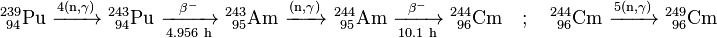 \ Mathrm {^ {239} _ {\ 94} Pu \ \ xrightarrow {4 (n, \ gamma)} \ ^ {243} _ {\ 94} Pu \ \ xrightarrow [4,956 \ h] {\ beta ^ -} \ ^ {243} _ {\ 95} Am \ \ xrightarrow {(n, \ gamma)} \ ^ {244} _ {\ 95} Am \ \ xrightarrow [10.1 \ h] {\ beta ^ -} \ ^ { 244} _ {\ 96} Cm} \ quad; \ Quad \ mathrm {^ {244} _ {\ 96} Cm \ \ xrightarrow {5 (n, \ gamma)} \ ^ {249} _ {\ 96}} Cm