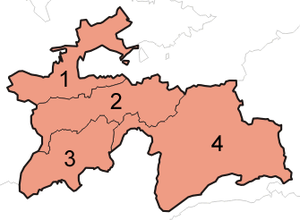 Um mapa clicável do Tajiquistão exibindo seus quatro províncias.